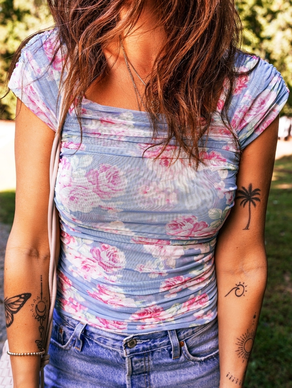 Floral Ruched Cap-Sleeve Women's Top in Light Blue and Pink M L XL